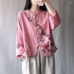 Women's Blouses 2023 Spring Autumn Arts Style Women 3/4 Sleeve Jacquard Cotton Linen Blouse Tops Female Vintage Flower Embroidery Shirt C808