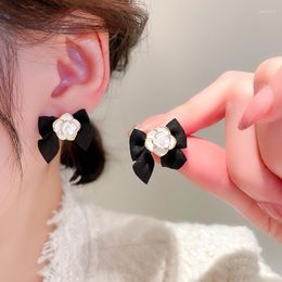 Stud Earrings 2023 Korean Silver Needle Flower Black Bowknot For Women Fashion Sweet Pendientes Party Jewelry