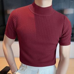 Men's T Shirts Male Spring And Summer Knitted High Neck Short Sleeve Solid Colour Pleated Round Casual Shirt Top