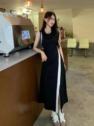 Casual Dresses Women Summer Black Cotton Blends O-neck Sleeveless Tanks Long Dress Trendy Elegant Straight Female Clothing