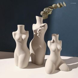 Vases Nordic Style Ceramic Woman Body Vase Man Bust Statue Ornament Office Desktop Flower Arrangement Home Decoration Accessories