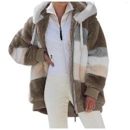 Women's Hoodies 2023 Winter Women Warm Faux Fur Coat Fashion Oversized Plush Overcoat Retro Patchwork Fleece Hooded Zipper Jackets Outwear