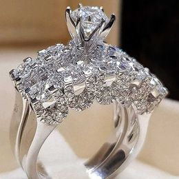 Band Rings Huitan Fashion Geometric Shaped Bridal Sets Rings for Women Luxury Silver Colour Cubic Zirconia Rings High Quality Lady's Jewellery AA230529