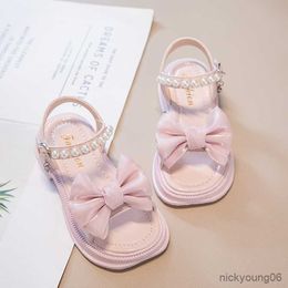 Sandals Children's Pink Girls' Sandals Simple Bowknot Pearl Open Toe Fashion Princess Shoes for Party Wedding Kids Shoes 2023 Summer New R230529