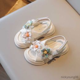 Sandals Girls Sandals Summer Sweet Pearl Kids Beach Shoes Girl Princess Flower Children Non Slip Flats Baby Shoes Enfant Fille R230529