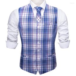 Men's Vests Silk Mens Vest Blue Plaid Pink Black Brown V-Neck Waistcoat Necktie Handkerchief Cufflinks Set Wedding Business Barry.Wang