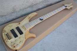 Tai Chi Ying Yang Fret Inlay 5 Strings Natural Wood Colour Burl Spalted Maple Top Ash Body Electric Bass Guitar Golden Hardware Maple Fingerboard