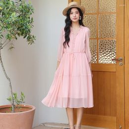 Casual Dresses High Quality Women Dress Real Silk Elegant V-neck Long Sleeve Pink Color