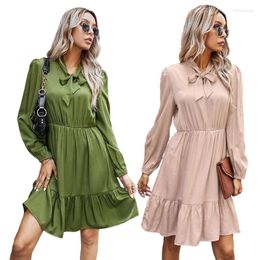 Casual Dresses Women Puff Long Sleeve Bow Tie Neck Midi Swing Dress Solid Color Ruched High Waist Flared Office Lady Sundress N7YF