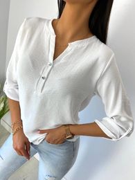 Women's Blouses Women Casual White Blouse Long Sleeve V Neck With Button Pullover Tops 2023 Summer Office Lady Basic Female Shirts