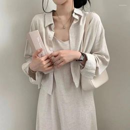 Casual Dresses Elegant 2 Piece Office Dress Women Summer Simple Basic Cotton Linen Sling Long Sleeve Shirt Coat Party Vestidos