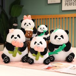 22/32CM Cartoon Plushie Panda Holding Bubble Cup Flowers Bamboo Dolls Lovely Panda Bear Pillow Toys Stuffed Soft Toy for Baby