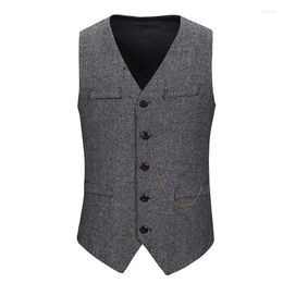 Men's Vests Grey Herringbone Tweed Dress Vest Men 2023 Brand Slim Fit Single Breasted Waistcoat Business Wedding Gilet Homme