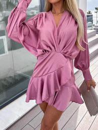 Casual Dresses V-Neck Fashion Party Dress Women Spring Summer Solid Elegant Long Lantern Sleeve Mini Holiday Ruffles Streetwear Vestidos