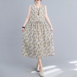 Casual Dresses Thin Light Soft Cotton Linen Print Floral Sleeveless Loose Mori Girl's Prairie Chic Summer Dress Fashion Women Midi