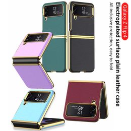 Luxury Solid Leather Vogue Phone Case for Samsung Galaxy Folding Z Flip4 5G Full Protective Soft Bumper Plating Business Fold Shell Supporting Wireless Charging