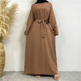 Ethnic Clothing Ramadan Dubai Abaya For Muslim Women Solid Color Pocket Islam Dresses Turkey Arabic Robe Ladies Modest With Belt
