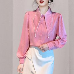 Women's Blouses Fashion Spring Summer Office Ladies Pink Chiffon Shirt Tops Elegant Women Beading Lapel Striped Lantern Sleeve