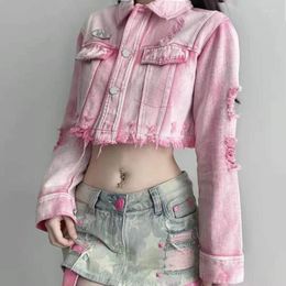 Women's Jackets Kawaii Hole Denim Jacket Women Harajuku Long Sleeve Top Pink Aesthetic Korean Fashion Fall Outfits Streetwear Y2k