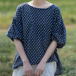 Women's Blouses Johnature Original Polka Dots Linen O-Neck Shirt 2023 Spring And Summer Woman Vintage Distress Balloon Sleeves