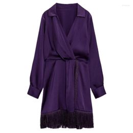 Casual Dresses C Women Fashion Solid Colour All Match Tassel Satin Party Vintage Long Sleeve Side Zipper Female