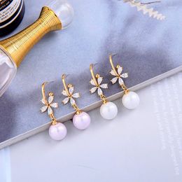 Dangle Earrings BALANBIU Cute Zircon Flower Drop Earring For Women Gold Color Brass Acrylic Pearl Fashion Jewelry Handmade