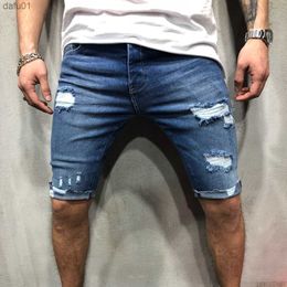 Men's Shorts NEW 2019 summer hole denim shorts men's Jeans Shorts Hip-hop slim shorts Blue light blue S-3XL L230520