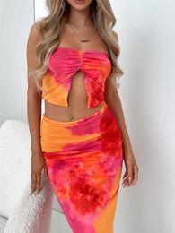 Skirts Fashion Women Skirt Set Tie-Dye Print Strapless Slit Tube Top With Long Summer Outfit Club Street Style S M L