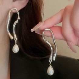 New Fashion Geometric Metal Pearl Dangle Earrings For Women Girls Simple Cool Personality Fine Wedding Party Jewelry Gift
