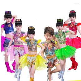Stage Wear Kids Sequined Ballroom Jazz Hip Hop Performance Costumes Clothes Top Shirt Shorts Girl Boy Dance Outfits