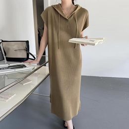 Casual Dresses Chic Oversized Knitted Dress Women 2023 Summer Hooded Vintage Long Ladies Korean Fashion Loose Khaki Knitwear Female