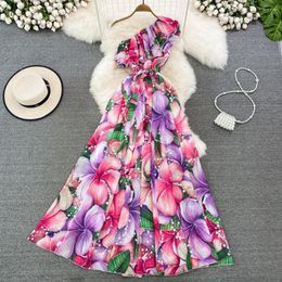 Casual Dresses Est Summer Bow Tie Oblique Runway Irregular Design Dress Women One Shoulder Backless Flower Print Beach Boho Vestidos