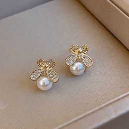 S925 Silver Pearl Small Bee Earrings For Women Fashion Mini Electroplated Stud Earrings Jewellery Gift In Bulk