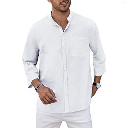 Men's Casual Shirts Mens Fashion Cotton And Linen Buckle Solid Colour Nine Sleeve Shirt Top