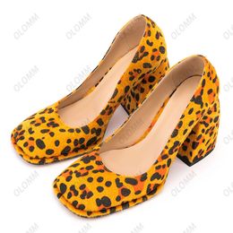 Olomm Handmade Women Spring Pumps Chunky Heels Square Toe Beautiful Leopard Party Shoes Ladies Plus US Size 5-13