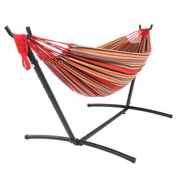 Black Steel Pipe Hammock Frame with 200*150cm Polyester Cotton Hammock Red Strip Red Rope Iron Hammock Set