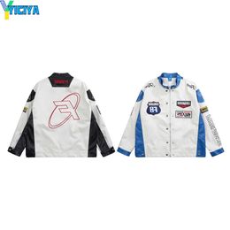 YICIYA American Colour matching men stand collar zipper leather jacket loose letter embroidery motorcycle jacket