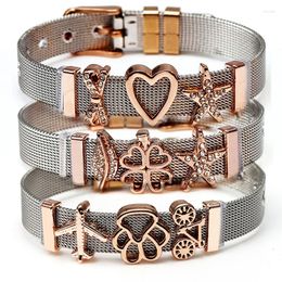 Charm Bracelets Two-tone Stainless Steel Mesh Bracelet Set Love Heart Crystal Brand Bangle Woman Lover Girlfriend Gift