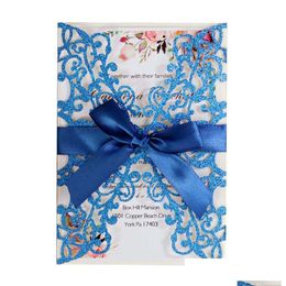 Greeting Cards Glitter Paper Laser Cut Wedding Invitations Personalised Invitation Card With Ribbon And Envelope Party Drop Delivery Dhyuh