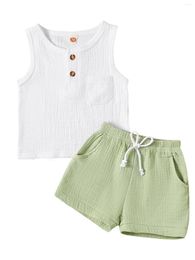 Clothing Sets Baby Boy Linen Short Clothes Toddler Summer Solid Sleeve Vest Top Pocket Drawstring Shorts Pant 2Pcs Outfit