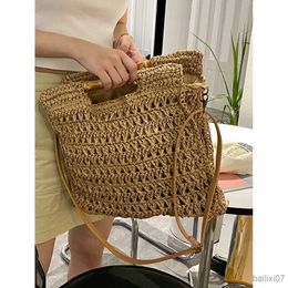 Other Bags Woven Beach Bags for Women Bamboo Handle Straw Handbag Paper Rope Knitting Rattan Bag Square Shoulder Crossbody Bag New