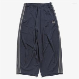 Men's Pants Embroidery Butterfly Track Navy Blue Wide Hem Needles Sweatpants Men Women High Quality AWGE Leg Trousers