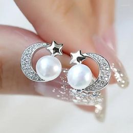 Stud Earrings 1 Pair Luxury Plated-Silver Colour Star Moon Pearl For Women Fashion Cute Jewellery