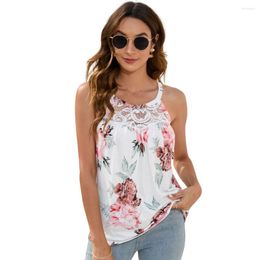 Women's Blouses Sleeveless Top Tank Hollowed Lace Design Arc Hem Round Neck Loose Fit Summer Pleated Flower Print Women Shirt