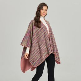 Scarves Imitation Cashmere Women Stripe Print Vintage Poncho Split Scarf Winter Warm Shawl Wrap Female Knitted Casual Thick Blanket