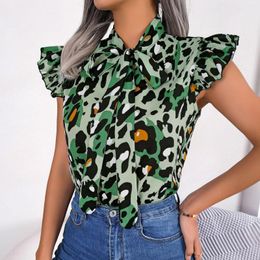 Women's Blouses Summer Tops Blouse Women's Casual Leopard Print Lace Up Bow Collar Chiffon Shirt Top Fashion Elegant Women Flying Sleeve