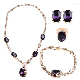 Necklace Earrings Set 4XBE Jewelry Purple Gemstone Pendant Earring Bracelet Ring Party Dress