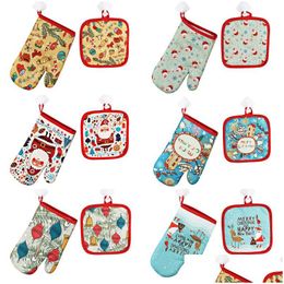 Oven Mitts Christmas Cotton Gloves Xmas Baking Anti 26Cmx16Cm Microwave Insation 17Cm Mat Set Drop Delivery Home Garden Kitchen Dini Dhhoj