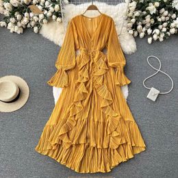 Casual Dresses 2023 Spring Summer French Stylish Solid Dress Striped Open Stitch Vestido Women Elegant Ruffle Irregular Long SR383