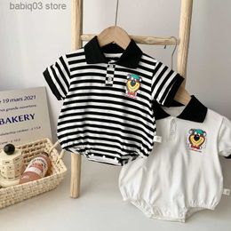 Rompers Baby Boy Clothes 2023 Summer Newborn Short Sleeve Turn Down Collar Striped Romper Cartoon Bear Patttern Cotton Bodysuit Outfits T230529